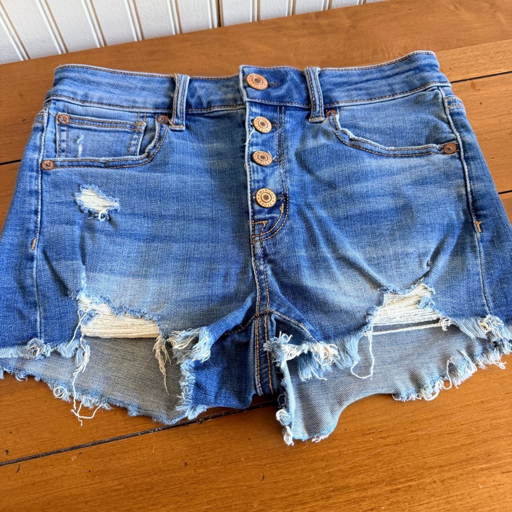 American Eagle Hi-Rise Shortie Button Fly Distressed Denim Shorts Blue Size 2